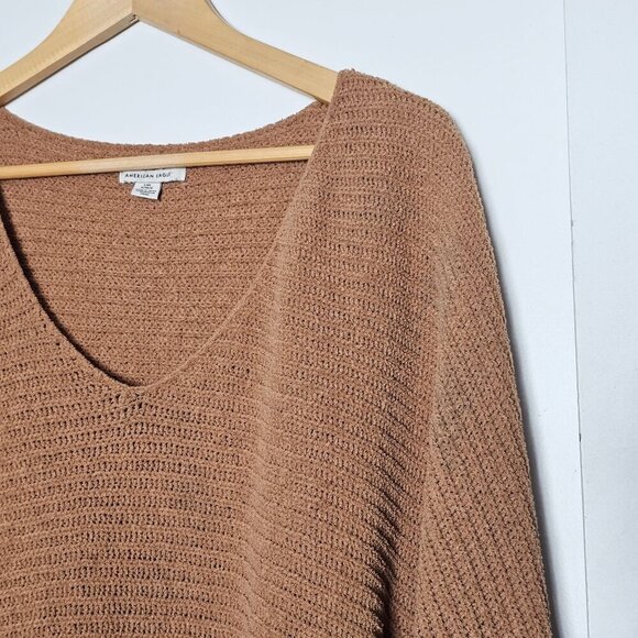 American Eagle Womens V-Neck Knit Sweater Split Hi-Low Hem 3/4 Sleeves Tan L/XL - Picture 3 of 10